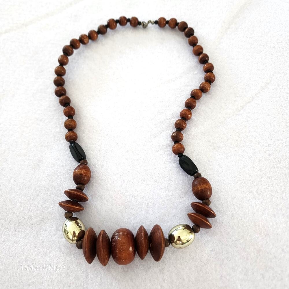Vintage Wooden Bead Statement Necklace Brown/Black with Gold-Tone Accents